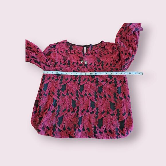 Cupcakes and Cashmere Dark Red/Black Lace Chiffon Top Bell Sleeve Layered SMALL - Picture 6 of 8